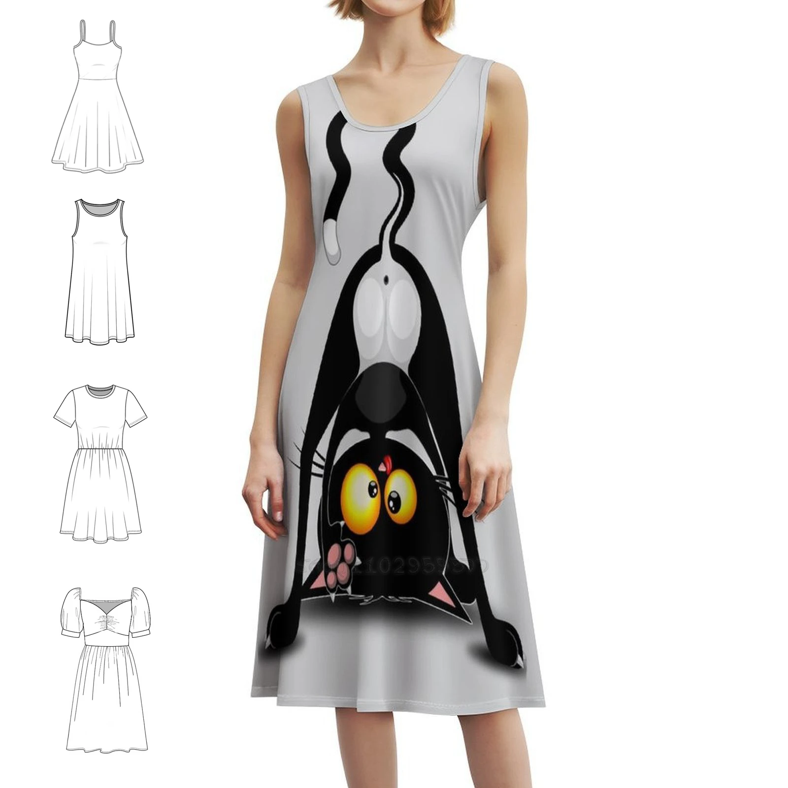 

Винтажное богемное платье с забавным персонажем кота, пышные рукава или варианты без рукавов для женщин, платье Cat Kitty Feline Pet