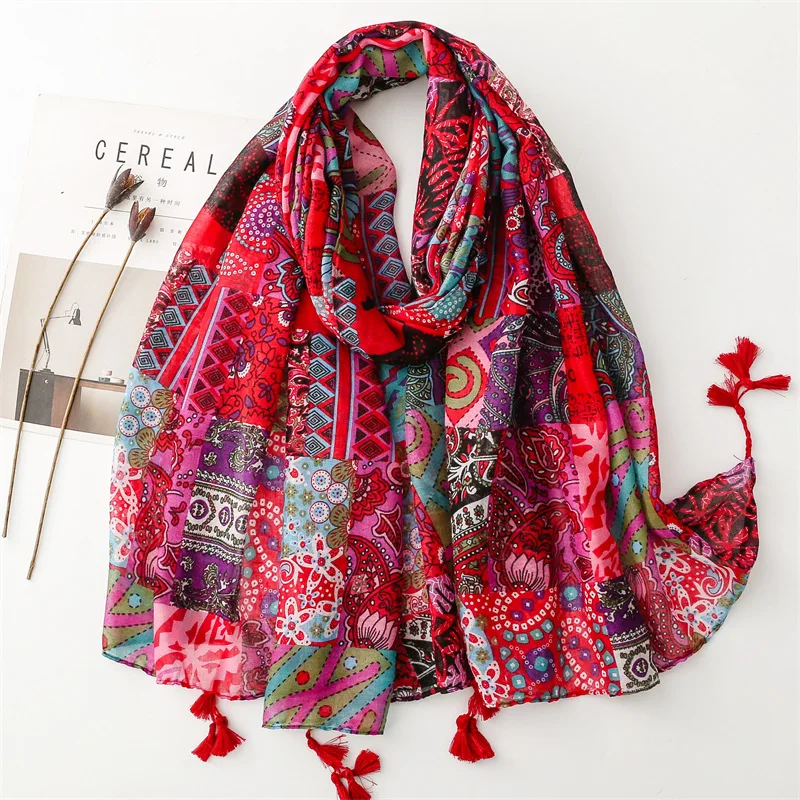 Thin Fashion Aztec Paisley Floral Tassel Viscose Shawl Scarf High Quality Wrap Pashmina Stole Bufandas Muslim Hijab 180*90Cm