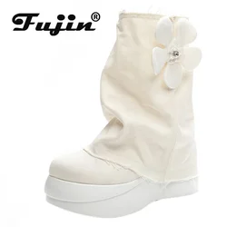 Fujin 6cm donna stivali estivi piattaforma stivaletti ginocchio alto fiore scarpe moda sandali panno Denim punta tonda donna Botas Mujer