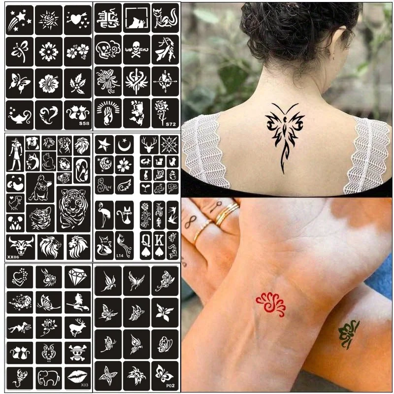 52-107pcs Glitter Temporary Tattoo Stencils Airbrush Henna Tatoo Stencil Kit for Women Men Kids Face Body Paint DIY Art Reusable