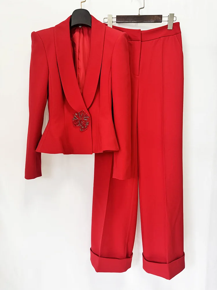 TOP QUALITY Newest Fashion 2026 Designer Runway Suit Set Women's Shawl Collar Ruffles Short Jacket Long Pants Set 2pcs