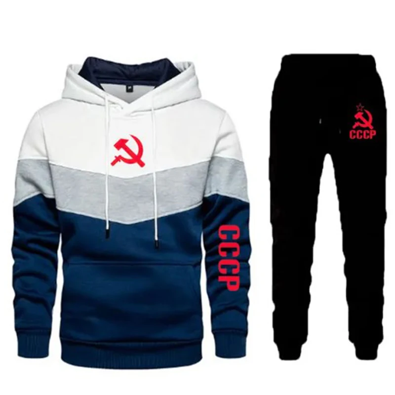 New Men Tracksuit 2 Pieces Men\'s Winter pullover Hoodies Casual CCCP USSR Soviet Union Sportswear+Pants Sweatshirt Sports Suit