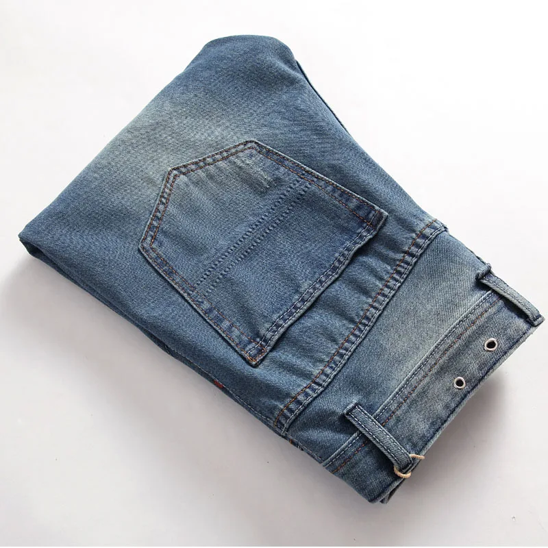 Zerrissene Jeans für Männer Gerade Dünne Plus Größe Pantalones Designer Jeans Männer Hohe Qualität Mode-Taste Blau Casual Denim Hosen