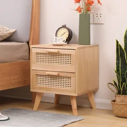 Nightstand with Charging Station Bedside Table with PE Rattan Decor Drawer Rattan Night Stand with Solid Wood Legs