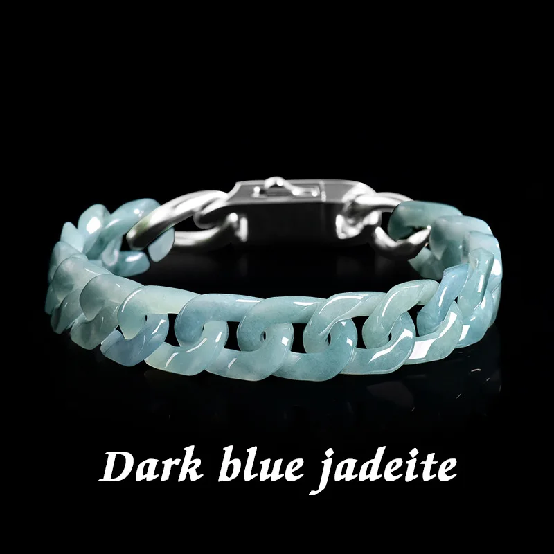 Natural A-goods Jadeite Bean Green Cuban Bracelet Hip-hop Style Personality Men and Women Fashion Hand Accessories Holiday Gift
