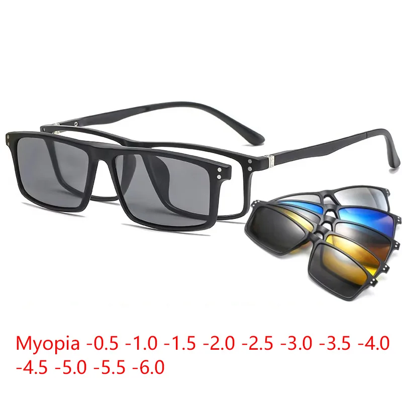 Myopia Magnetic Sunglasses Men 5 In 1 Polarized Clip On Women Square Glases Ultra-Light Night Vision Eyewear -0.5 TO -10