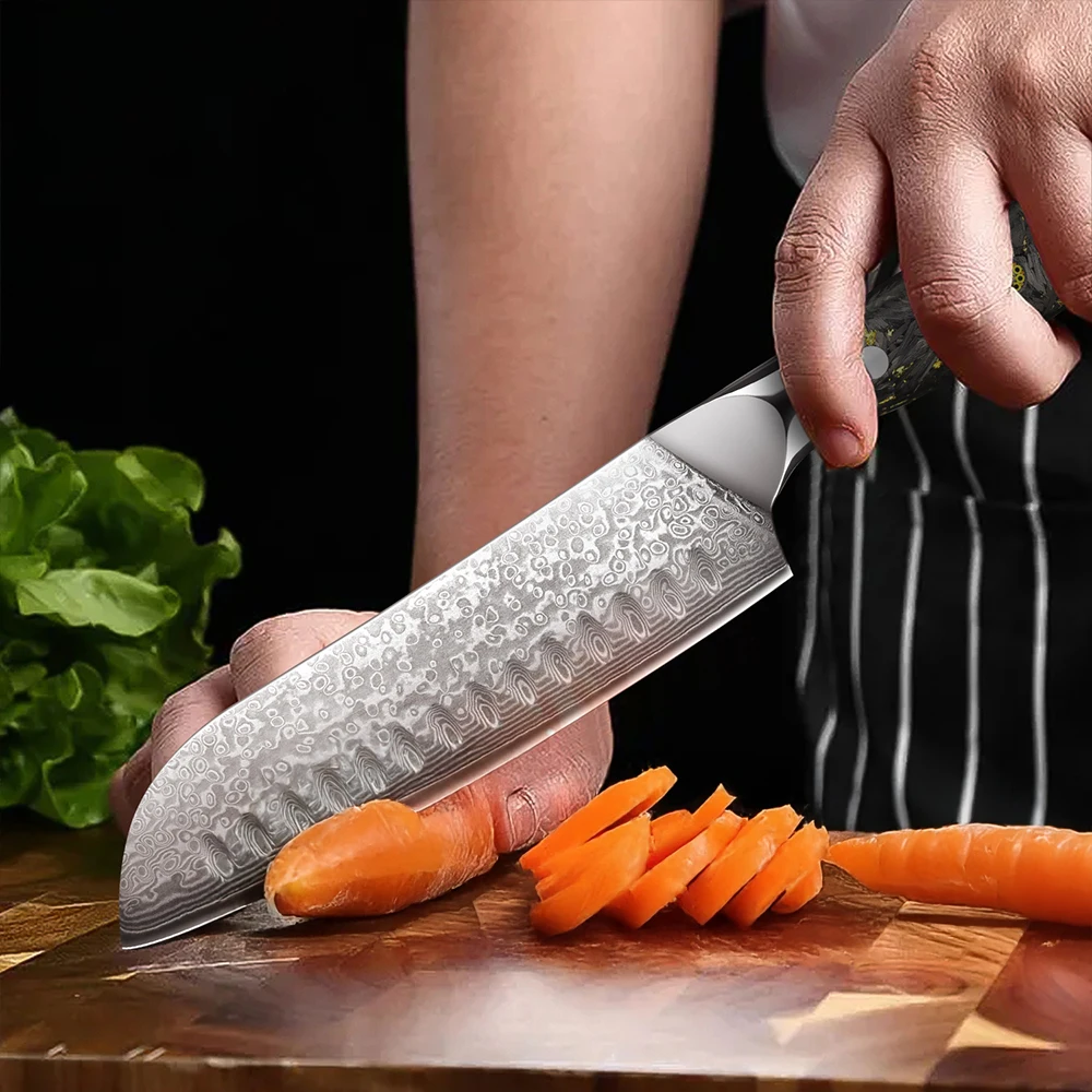 Professionelles Santoku-Messer aus Damaststahl, handgeschmiedetes VG-10-Küchenmesser für das Hacken von Fleisch, Fisch, Obst und Gemüse – Detail 1