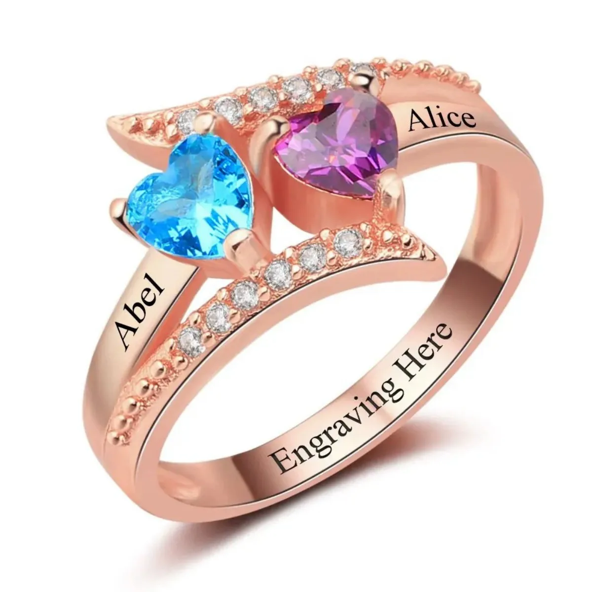 Personalisierter Ring mit Gravur und 2 Geburtssteinen für Mutter, Liebesversprechen-Ring, Individueller Namensring, Schmuck für Frauen und Ehefrauen – Detail 4