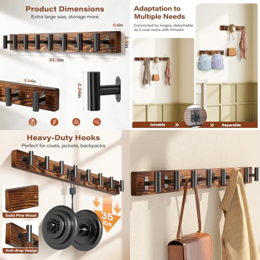 Настенная вешалка для одежды 32,3 в деревенском стиле с 8 черными металлическими сверхпрочными Т-образными крючками для прихожей, гостиной, ванной комнаты, прочный P