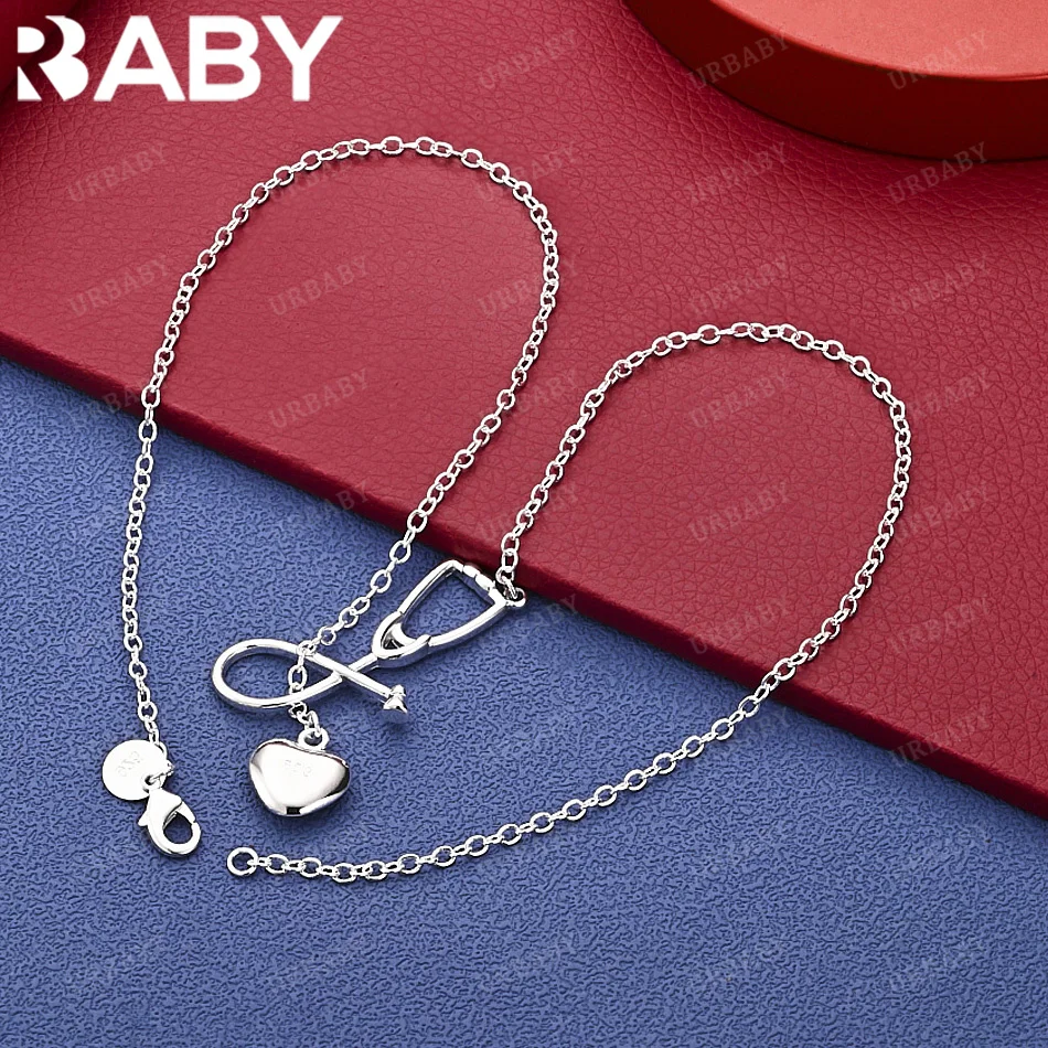 

URBABY 925 Sterling Silver Heart Stethoscope Chain Necklace Fashion Jewelry Exquisite Party Engagement Wedding Gift