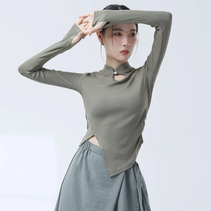 

Adult dance clothes women's long-sleeved covers finger cheongsam collar top practice clothes Chinese classical folk dance