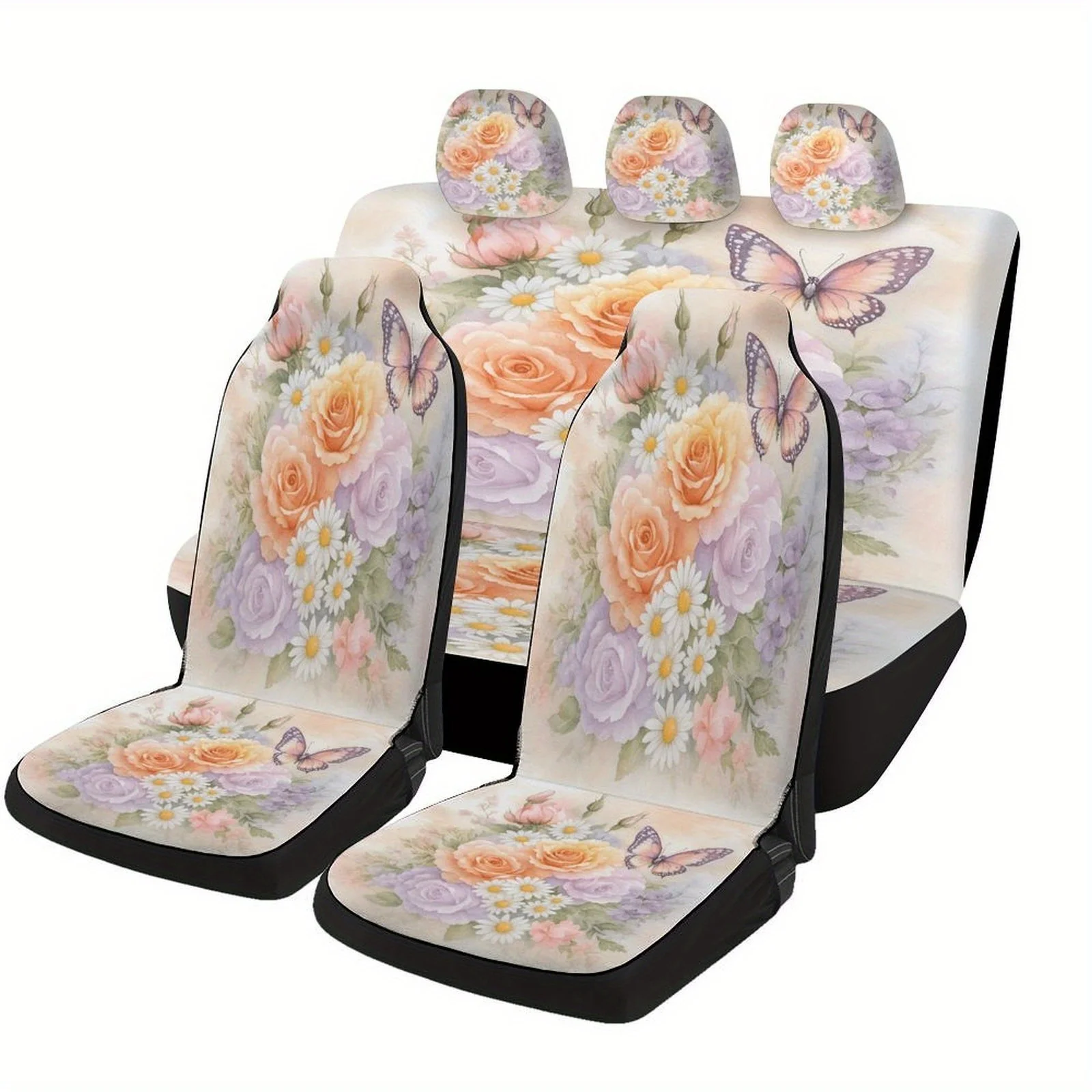 

Roses And Butterfly Designed Car Seat Cover Set For Most Cars, Trendy Novelty High-quality Car Seat Protector Covers Full Set, U