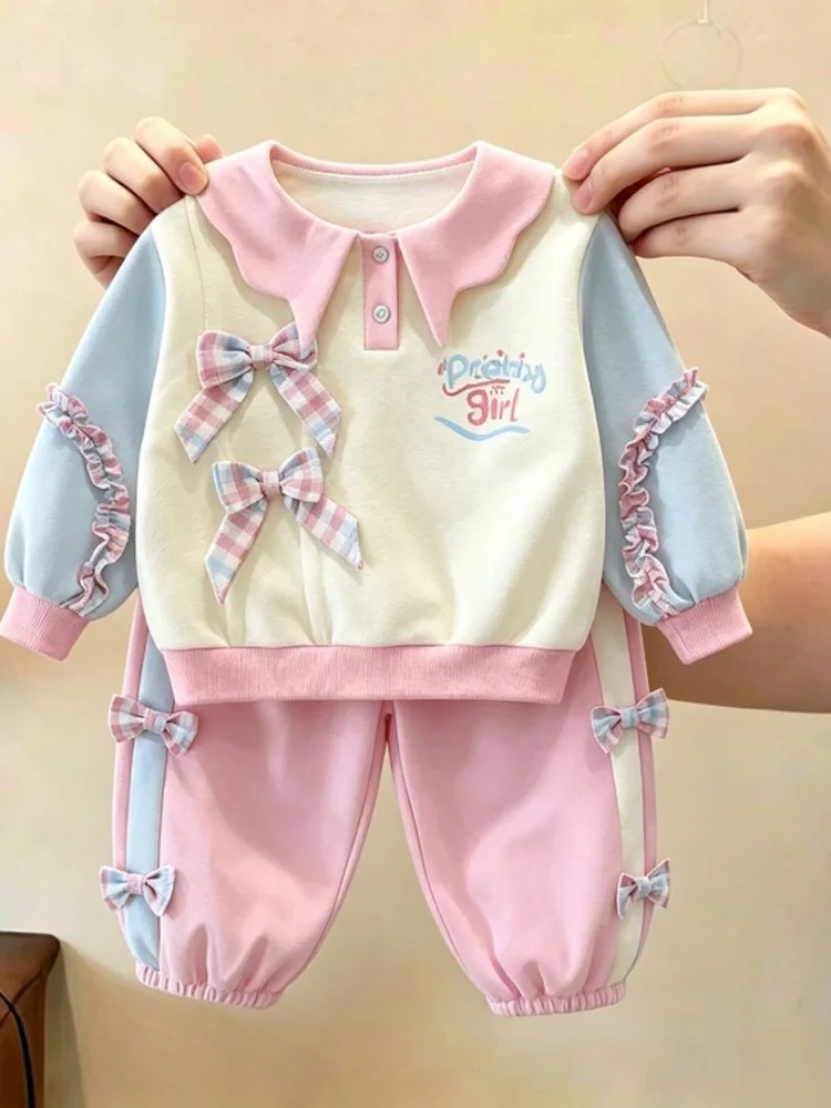 Girls' Casual Cartoon Hoodie Set with Bow Tie Doll Collar Two-Piece Suite Autumn Fashionable Kids' Clothing Online Exclusive
