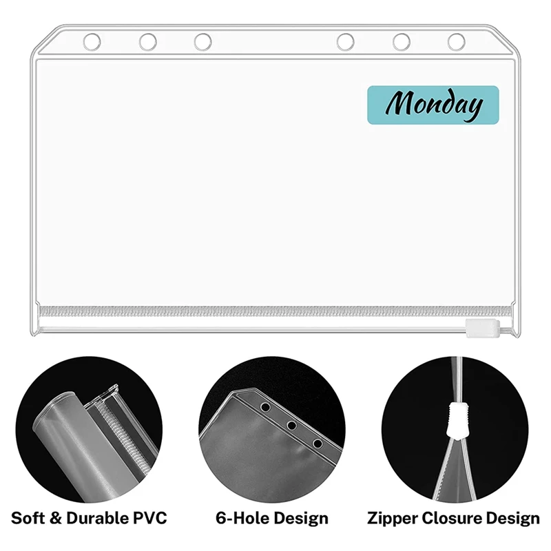 Limpar Zipper Pastas para 6-Ring Orçamento Binder, A6 Binder Bolsos, Envelopes de Dinheiro, Notebook, 16Pcs