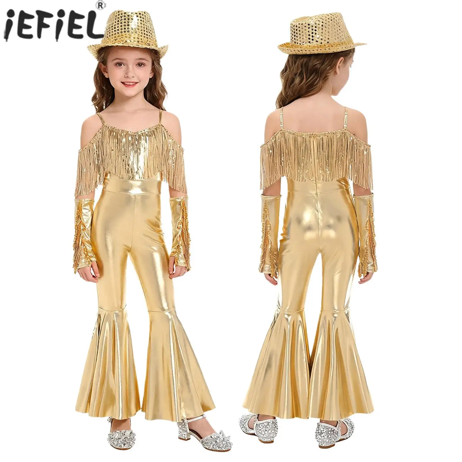 Girls 70s Disco Jazz Dance Costume Sleeveless Shiny Sequins Tassels Flared Jumpsuit with Fedora Hat And Gloves for Banquet Party