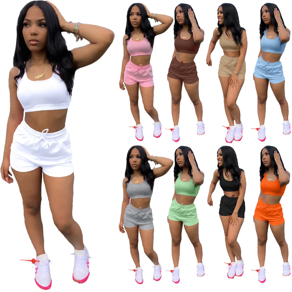 

Summer Fashion Solid Color Women'S Suit Tank Top Shorts Two-Piece Set Cotton Movement Jogging Suit Urban Leisure