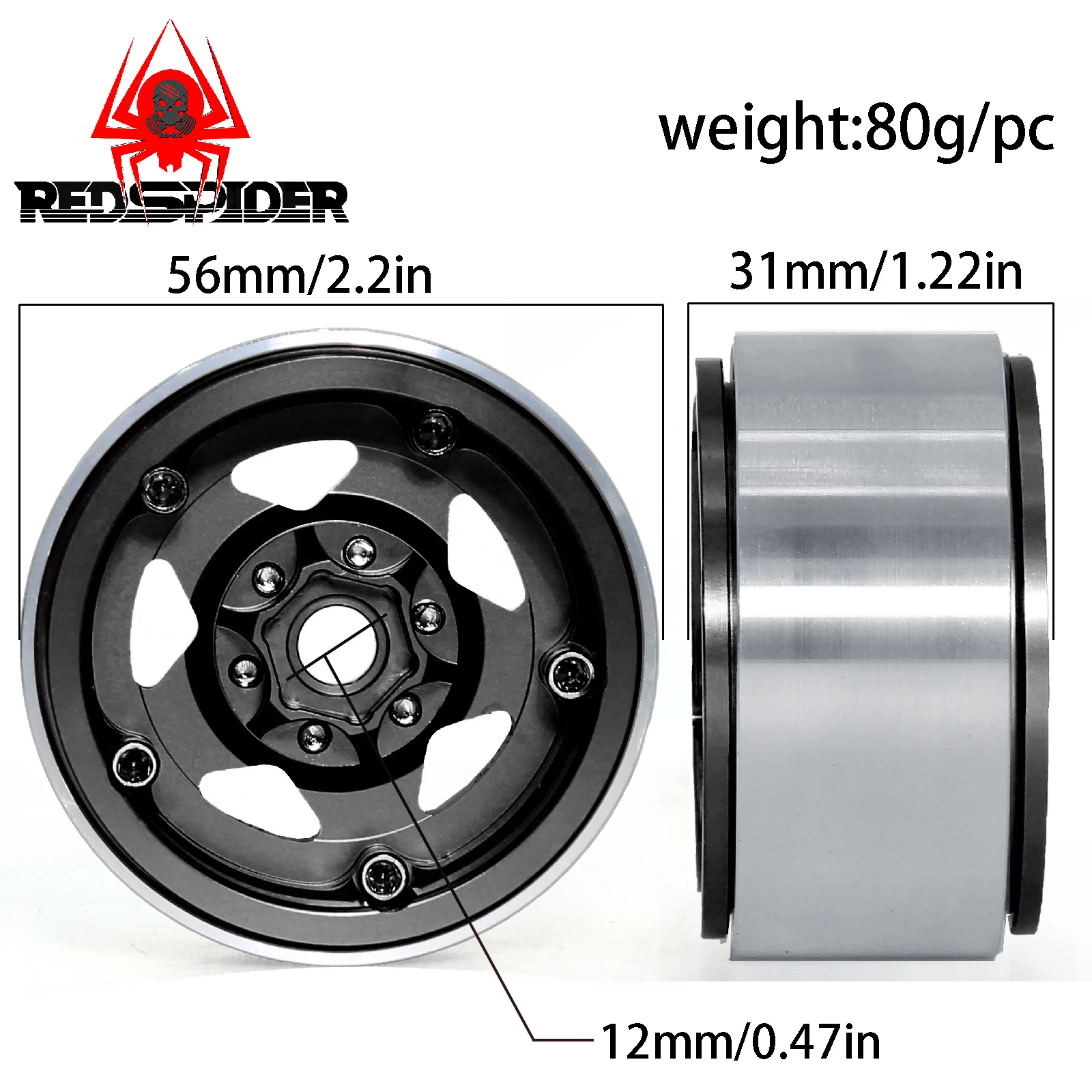 RED SPIDER 4Pcs 1.9 Inch Aluminum Alloy Beadlock Wheel Rims Metal RC Wheel Hub OD 56mm For 1/10 RC Crawler Axial SCX10 II III TRX4 D90 TF2 Off Road Rock Climbing Car Upgrade Parts