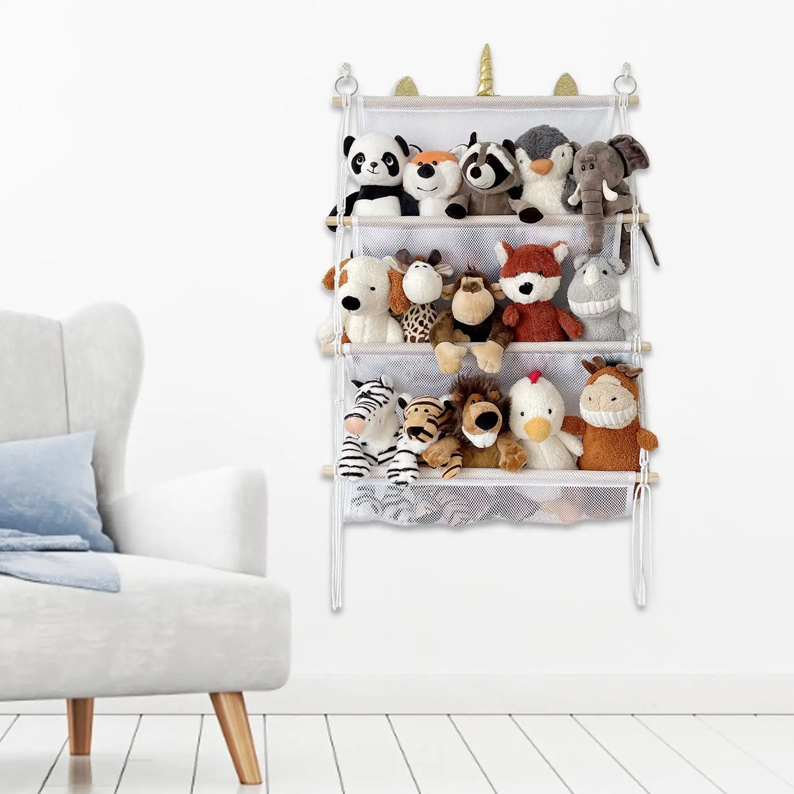 Hanging Net Holder 3 Tier Home Decor Organization Minimalist Easy to Install Plush Toy Storage Net for Nursery Playroom Bathroom