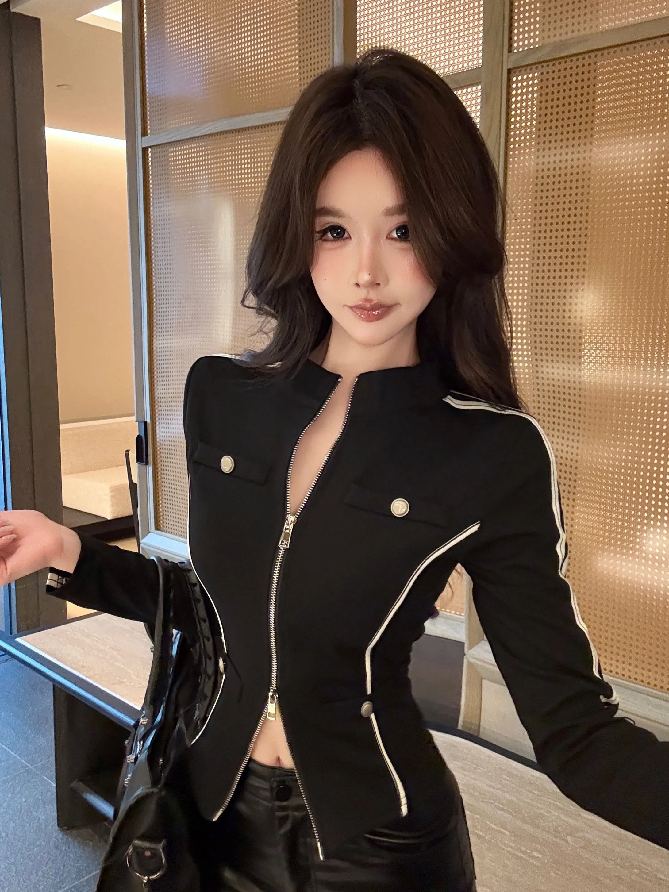 

Spicy Girl Color Blo Stripe Collar Double Zipper ort Jaet Early Autumn New Sle Slimming Versatile Long Sve Top Women