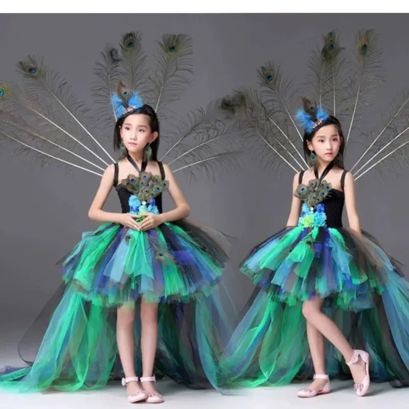 Gonna da passerella da palcoscenico per ragazza vestito cosplay da principessa di pavone abbigliamento da prestazione per bambini vestito da tutu a coda grande regalo di compleanno