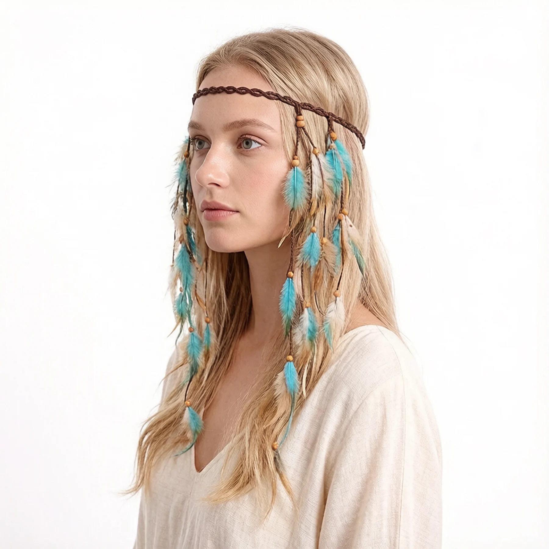 Long Blue Brown Feather Headband for Women Bohemian Ethnic Festival Hippie Party Leather Wood Beads Hair Jewelry Accessories