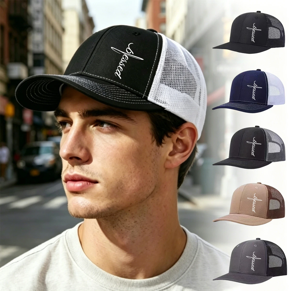 1PC Blessed Cross Print Trucker Hat, Breathable Mesh Back Baseball Cap, Adjustable Snapback for Women & Men