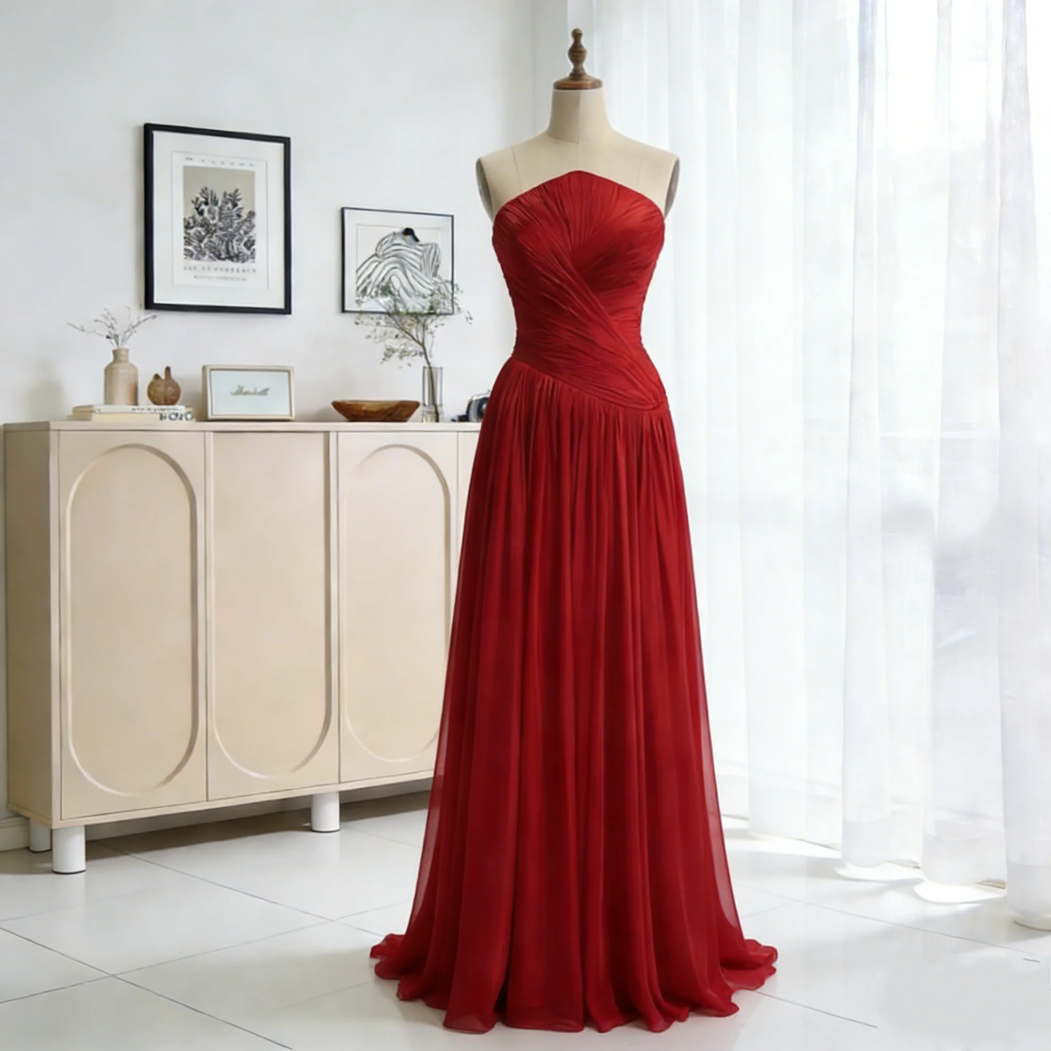 

Red Chiffon Long Prom Dresses Strapless Pleated Side Split Party Gowns Special Banquet Club Evening Dress Customized