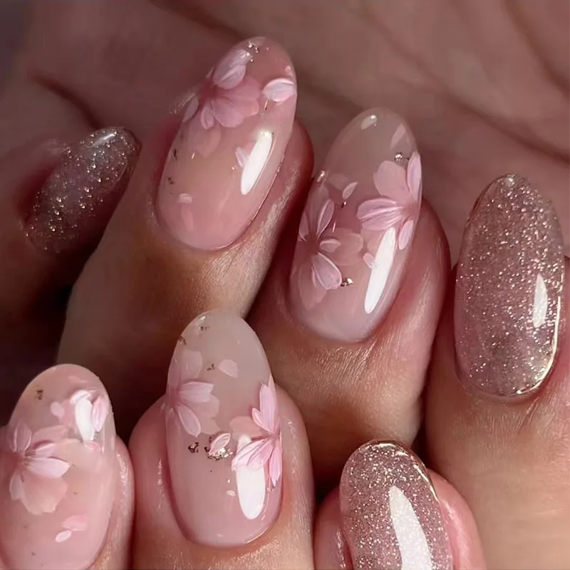 Almond False Nails with Glue Flower Printing Nail Art Simple Full Cover Press on Acrylic Nails Tips 3D Flower Almond Fake Nails
