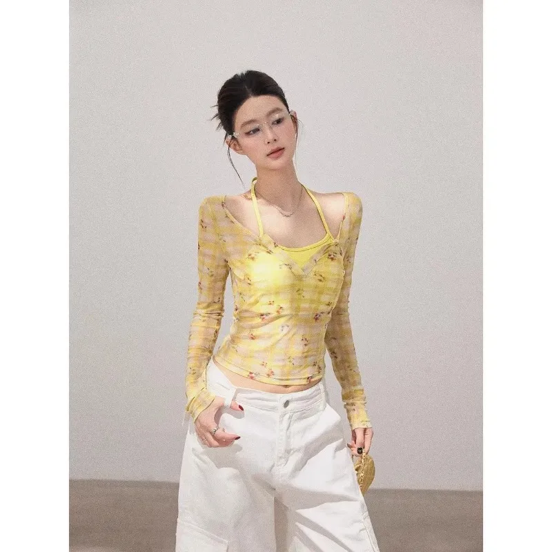 Women's Plaid Floral Print Long Sleeve Top Slim Fit Y2K Style Casual T-shirt