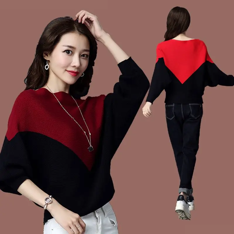 Contrast Color Women's Bat Sweater Autumn Winter Loose One Necked Western Style Temperament Elegant Knit Sweater Top for Women