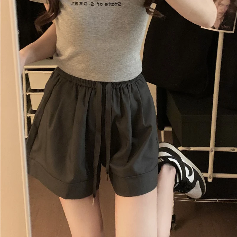 2024 Women Summer Leisure Comfortable Shorts Pants Lady Baggy Straight Leg Drawstring Slacks Female Fashion High Waisted Shorts