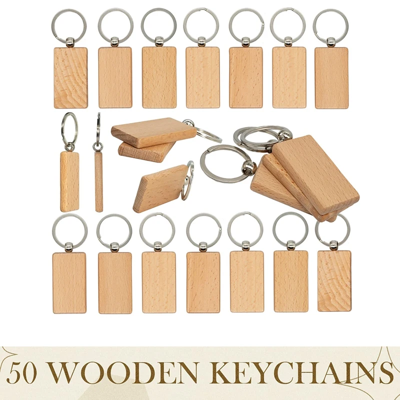 100 Pcs Wooden Blanks Wood Key Chain Blanks Unfinished Wooden Key Ring Key Tag For DIY Crafts(Round+Rectangle)