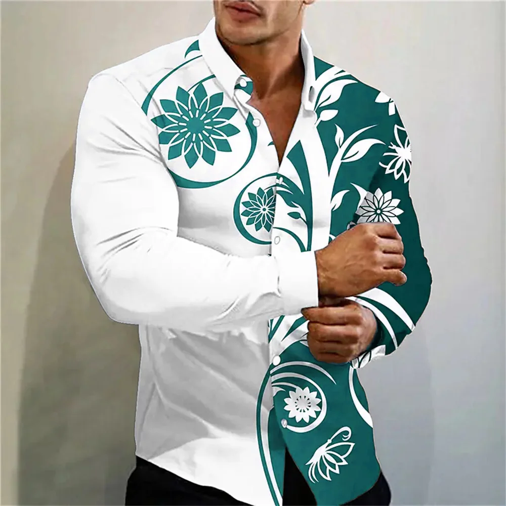 2024 neues mehrfarbiges Modehemd mit Blumen druck für soziale Partys, langärmliges Cardigan-Shirt für Herren mit Revers und Übergrößen XS-6XL