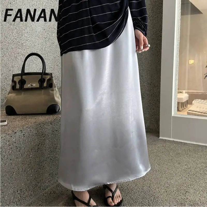

FANAN Women's Satin Maxi Skirt Summer Casual High Waist A-Line Loose Long Skirt Elegant Streetwear Smooth Satin Skirt