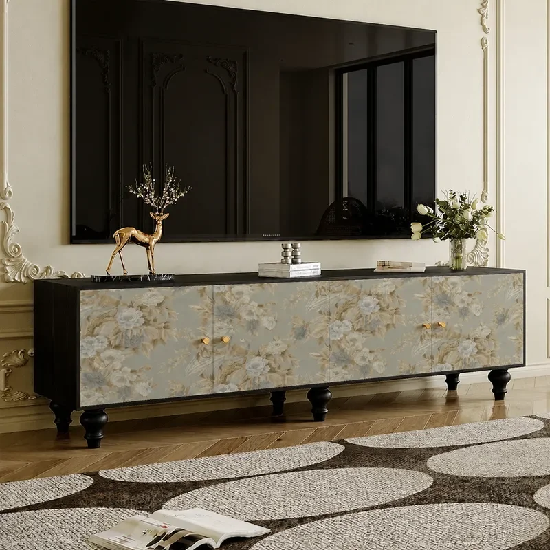 Cream Retro Flower TV Cabinet Solid Wood Bedroom Bedside Storage Decorative Cabinet Living Room Integrated Locker