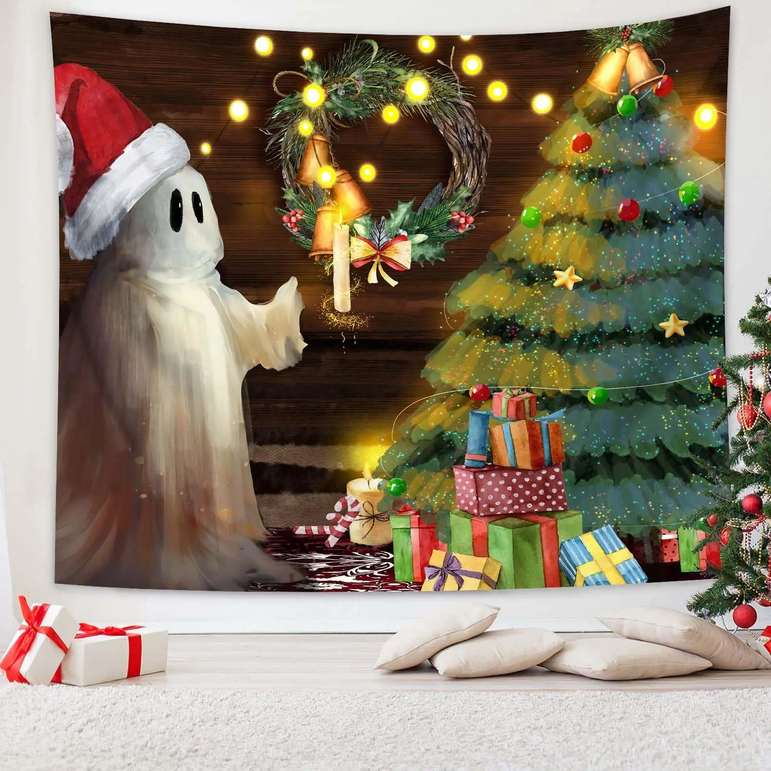 Wall Hanging Large Tapestry Christmas Tree Backdrop Cute Ghost Wall Decor Holiday Tapestries for Kids Bedroom