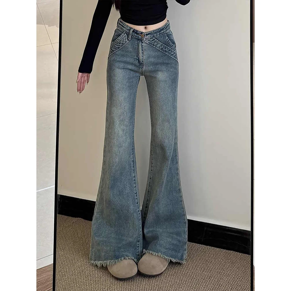 Retro Blue Fringed Flared Jeans for Women 2025 New Trendy High Waist Slim Denim Pants Korean Style Tassels Edge Trousers