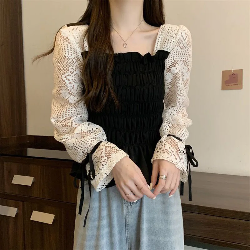 Zoki Hollow Out Chic Sweet Blouse Women Elegant Long Sleeve French Vintage Shirt Fall Sexy Slim Lace Up Lady Square Collar Tops