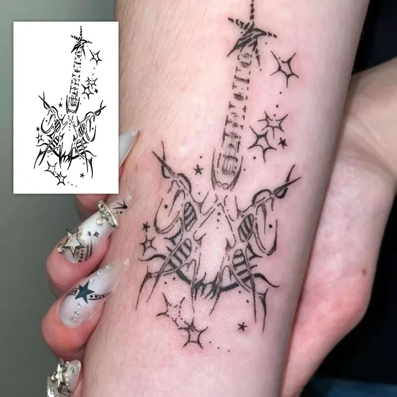 Punk Guitar Fake Tattoo for Woman Man Wrist Arm Waterproof Temporary Tattoo Black Star Art Tatoo Sticker Wholesale Dropshipping