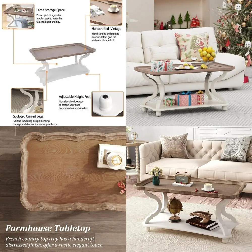 

Vintage White Rustic Sofa Table with Storage Shelf and Carved Legs for Living & Dining Rooms