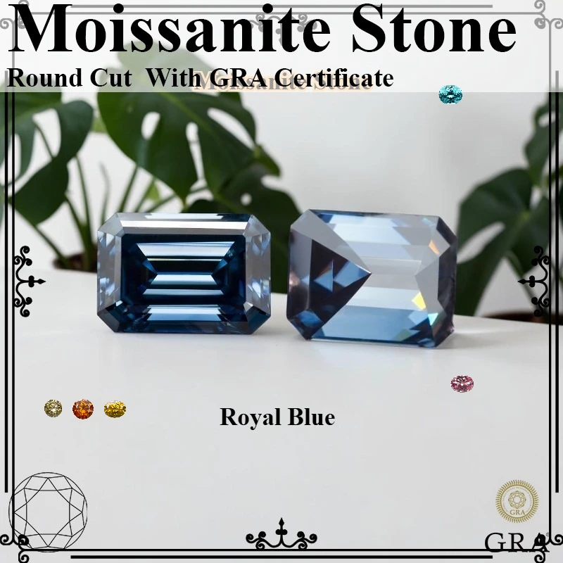 Moissanite Stone Natural Color Royal Blue Emerald Cut Artificial Gemstone For Jewelry Making