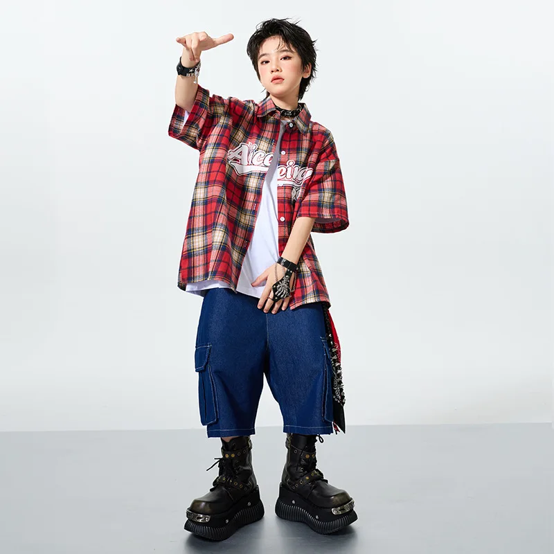 Jongens Ballroom Hip Hop Danskostuums Meisjes Losse Geruite Shirt Denim Shorts Set Mode Streetwear Groep Jazz Prestaties Slijtage