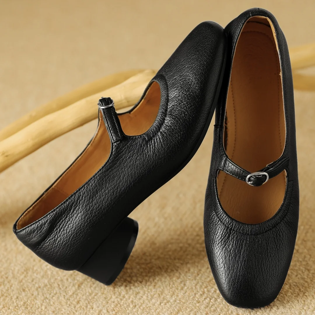 Women's sheepskin metal buckle Mary Jane flats 3cm round low heel elegant ladies high quality slim daily dress shoes for woman