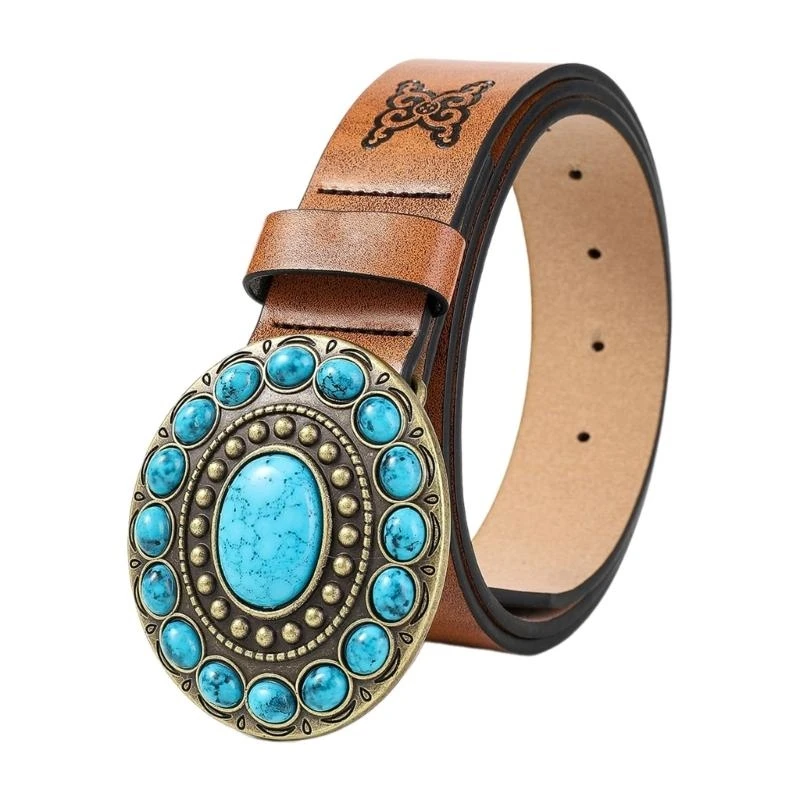 X7XB Teens Women Embossed PU Belt Jeans Wear Resistant Belt for Dress Skirt Decors