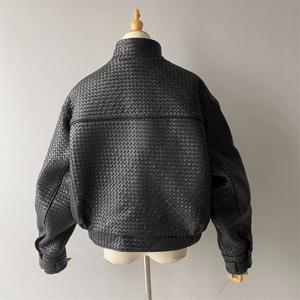 Jxwatcher feminino casaco de pele de carneiro natural outono europeu e americano moda curta motocicleta casual mão-tecido jaqueta de couro 2025