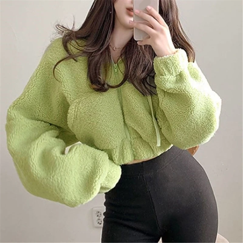 Women Long Sleeve Cropped Hoodies Autumn Winter Fuzzy Zip Up Hooded Sweatshirt Lady Girls Casual Solid Color Outfits Jacket