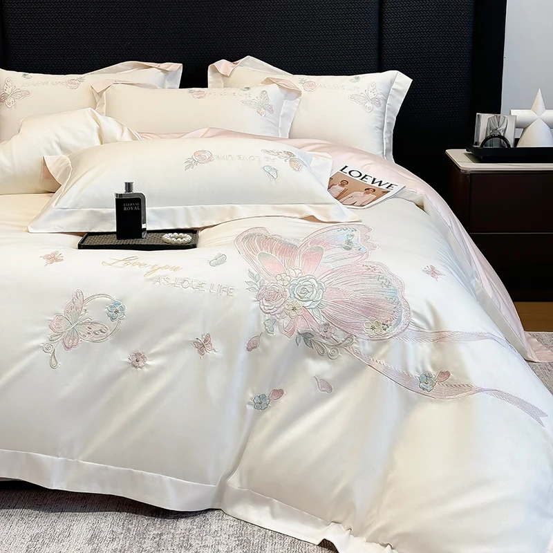 

100% Egyptian Cotton Butterfly Flowers Embroidery Premium Luxury Bedding Set Duvet Cover Flat/Fitted Bed Sheet Pillowcases 4Pcs