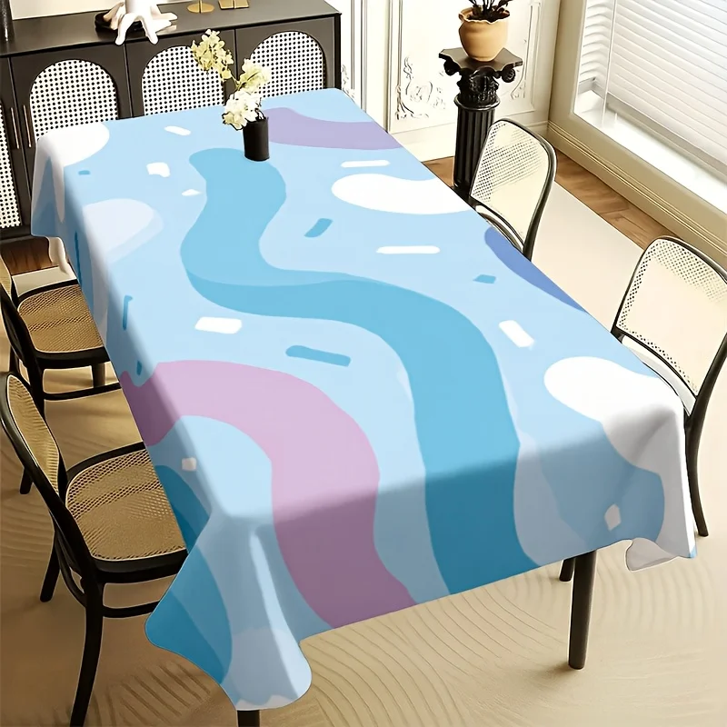 Modern Pastel Abstract Tablecloth, Light Blue Base With Curved Fluid Art Pattern, Waterproof Table Cover for Party & Daily Use