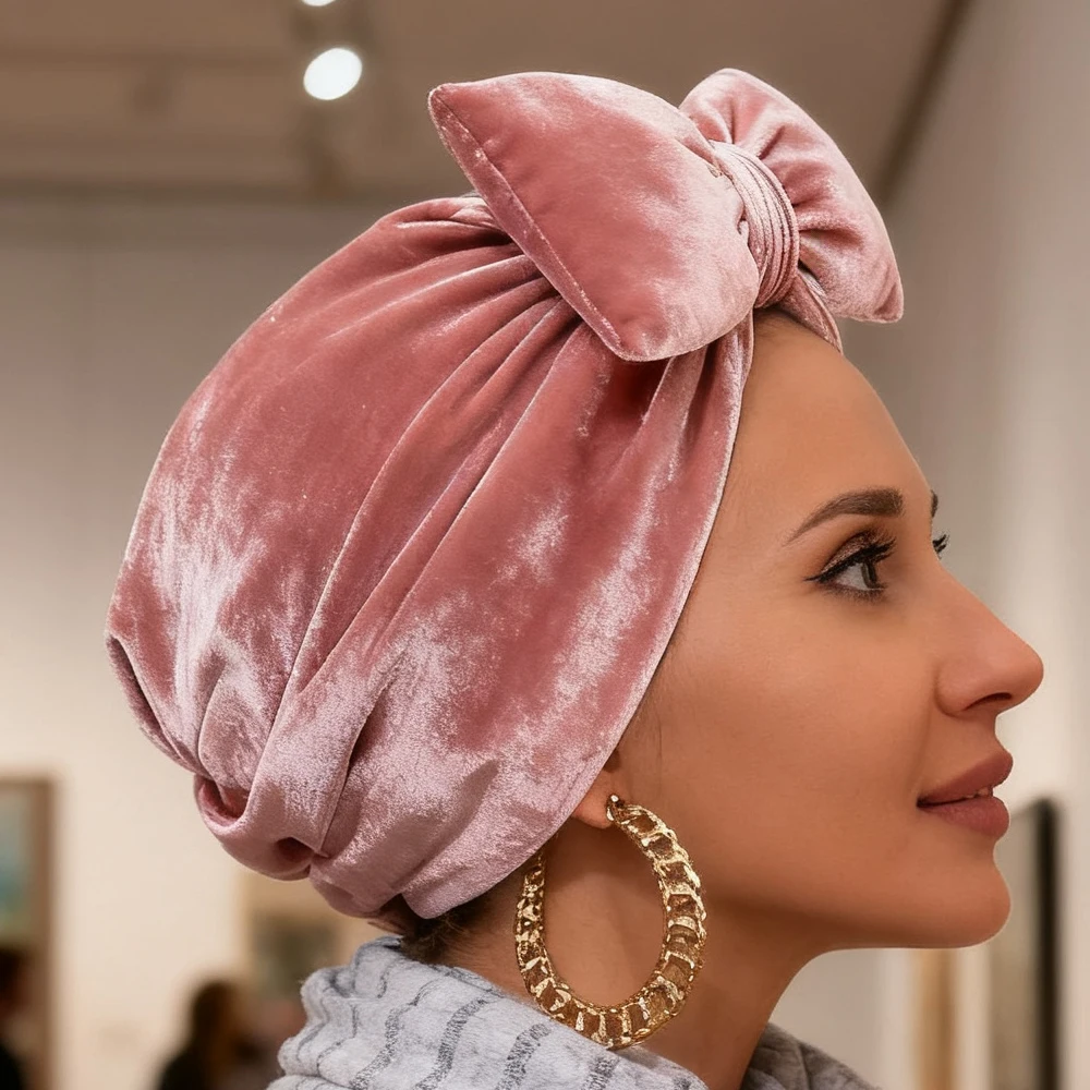 

Muslim Women Velvet Turban Bowknot Bonnet Beanies Chemo Cap Hair Loss Headscarf Wrap Indian Hat Bandanas Headband Turbante Mujer