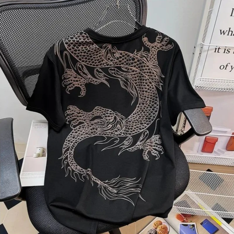 Korean Style Men's Slim Fit Tee with Edgy Over Shoulder Dragon Design for Handsome Streetwear Style